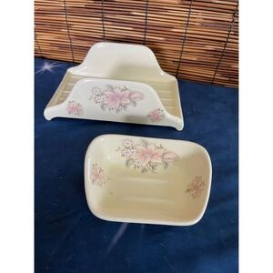 Vintage Ceramic Floral Soap Dish Trinket Tray Set Pink Flowers Cream Cottagecore